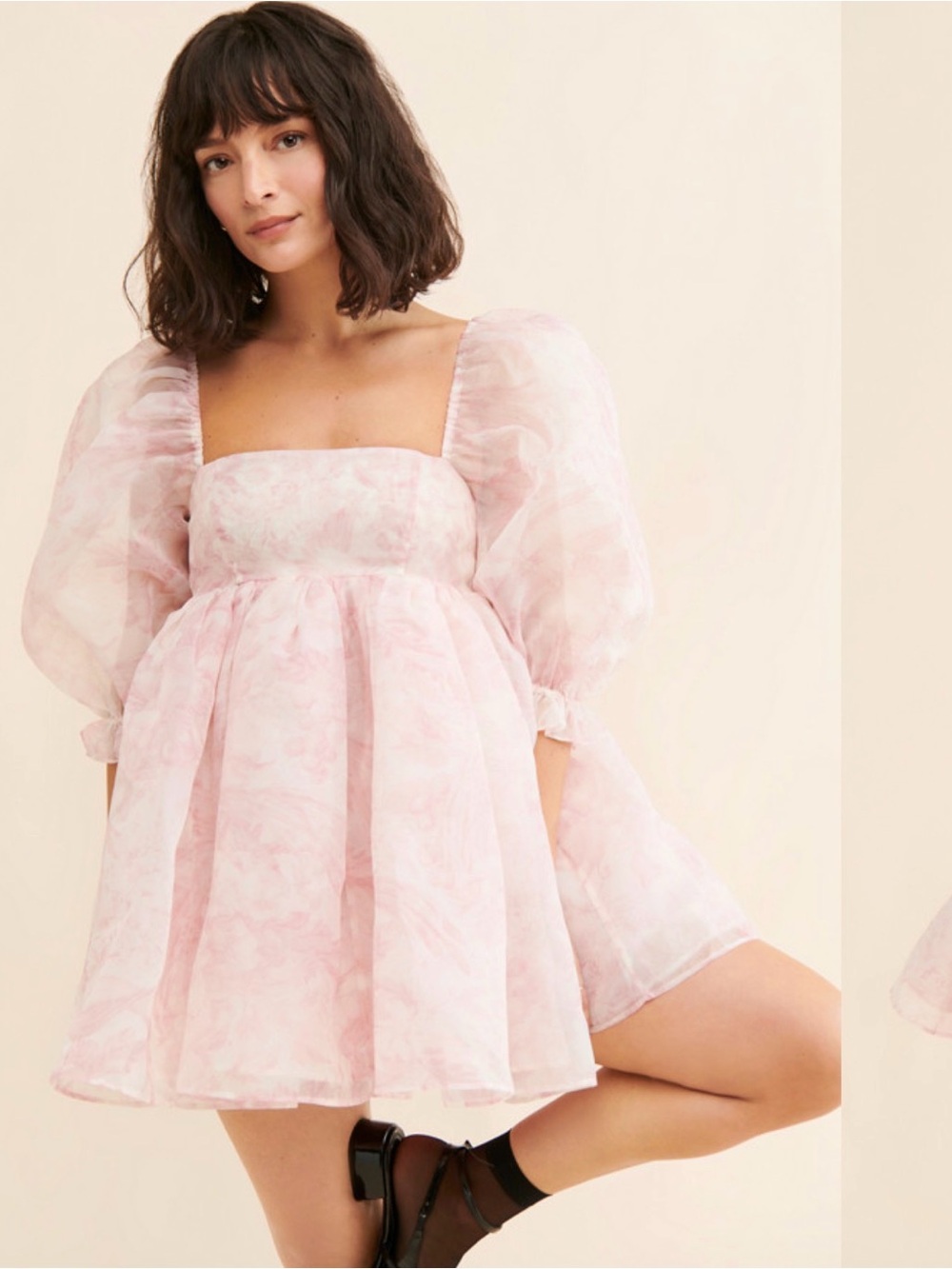 Selkie Puff Organza Babydoll Dress in Light Pink Floral Size XS